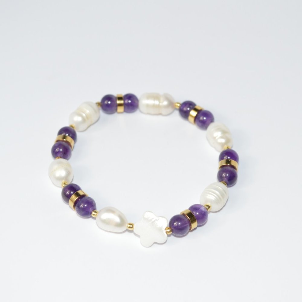 GEMSTONE Amethyst Freshwater Pearls Clover Bracelets
